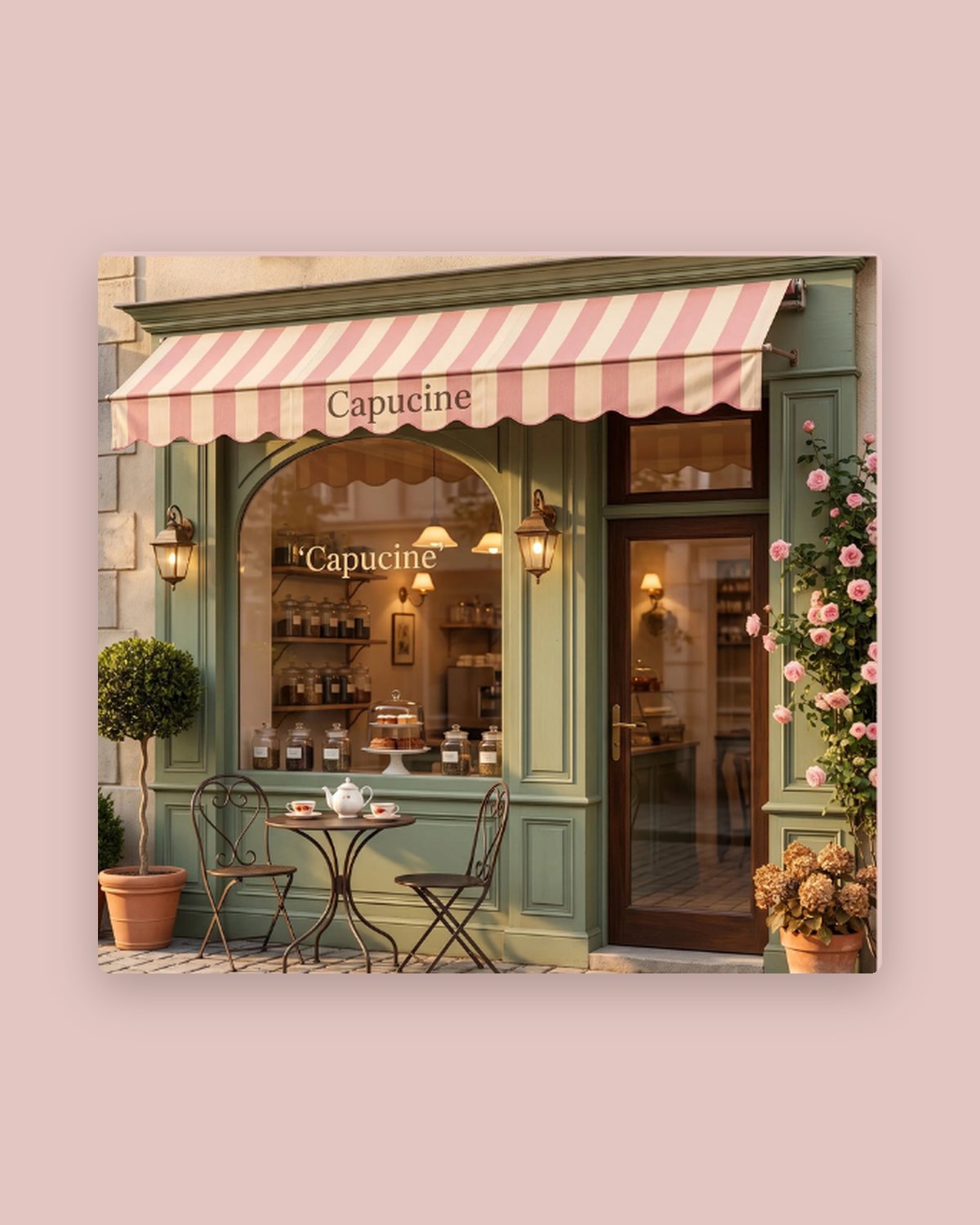 La devanture : boiseries sauge et store rayé rose