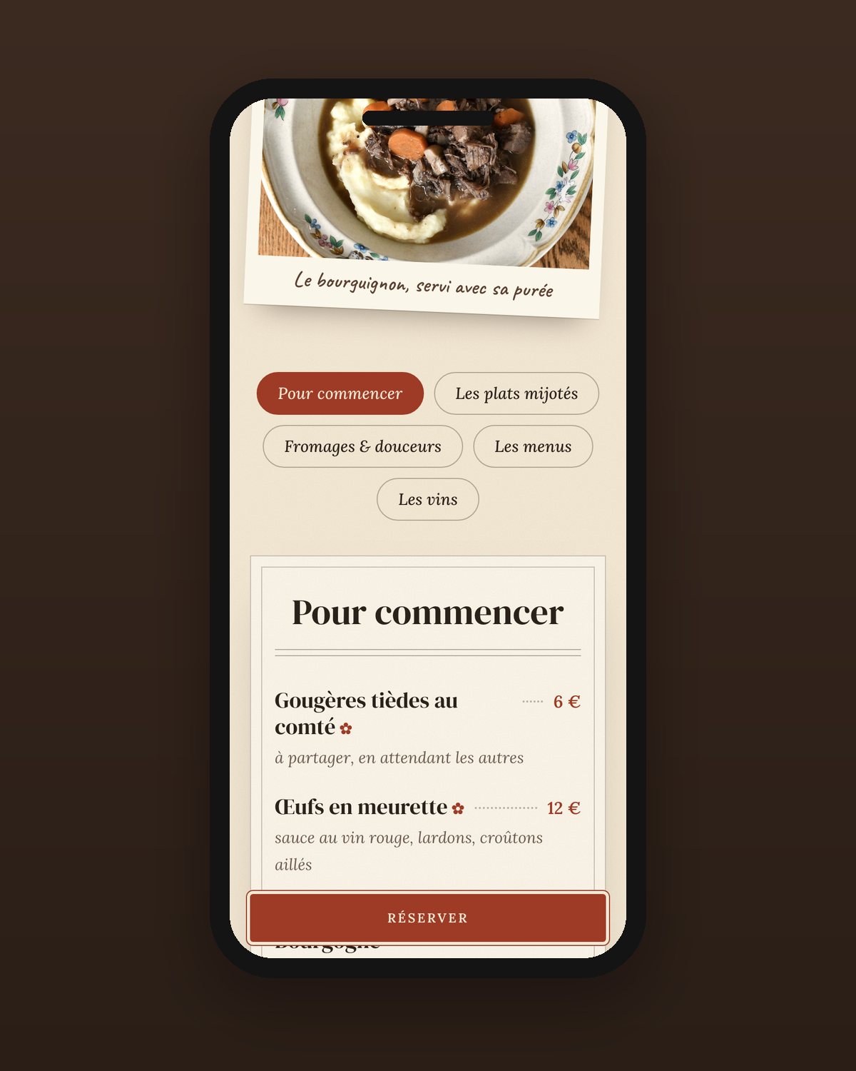 Sur téléphone : la carte façon menu d’antan