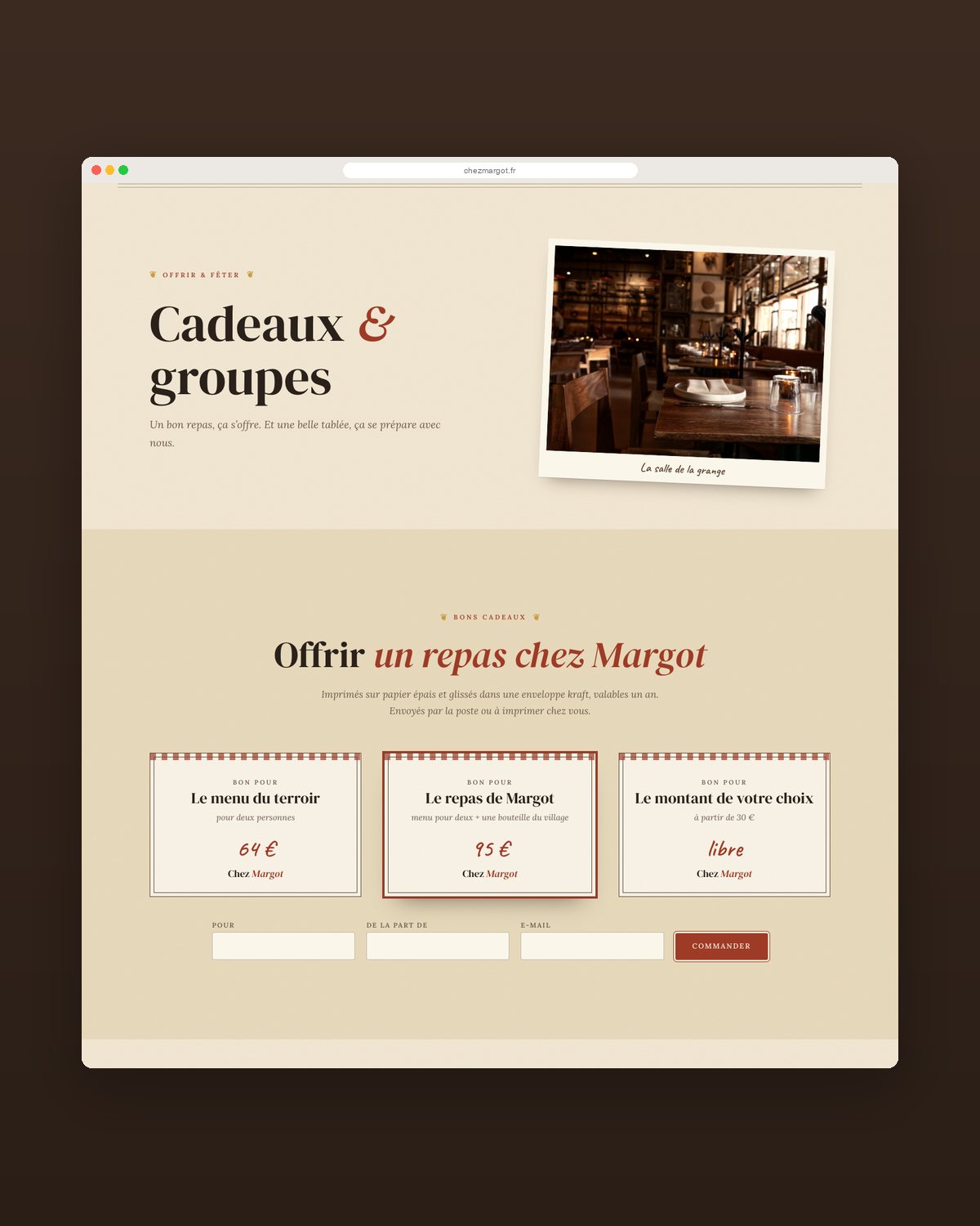 Bons cadeaux et salle de la grange pour les groupes