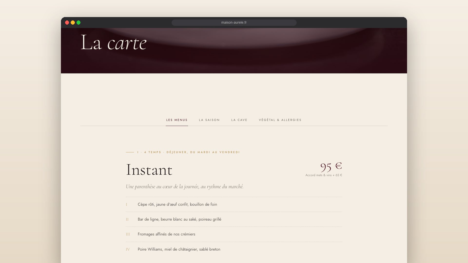 La carte : menus dégustation, plats de saison, cave et menu végétal, en onglets