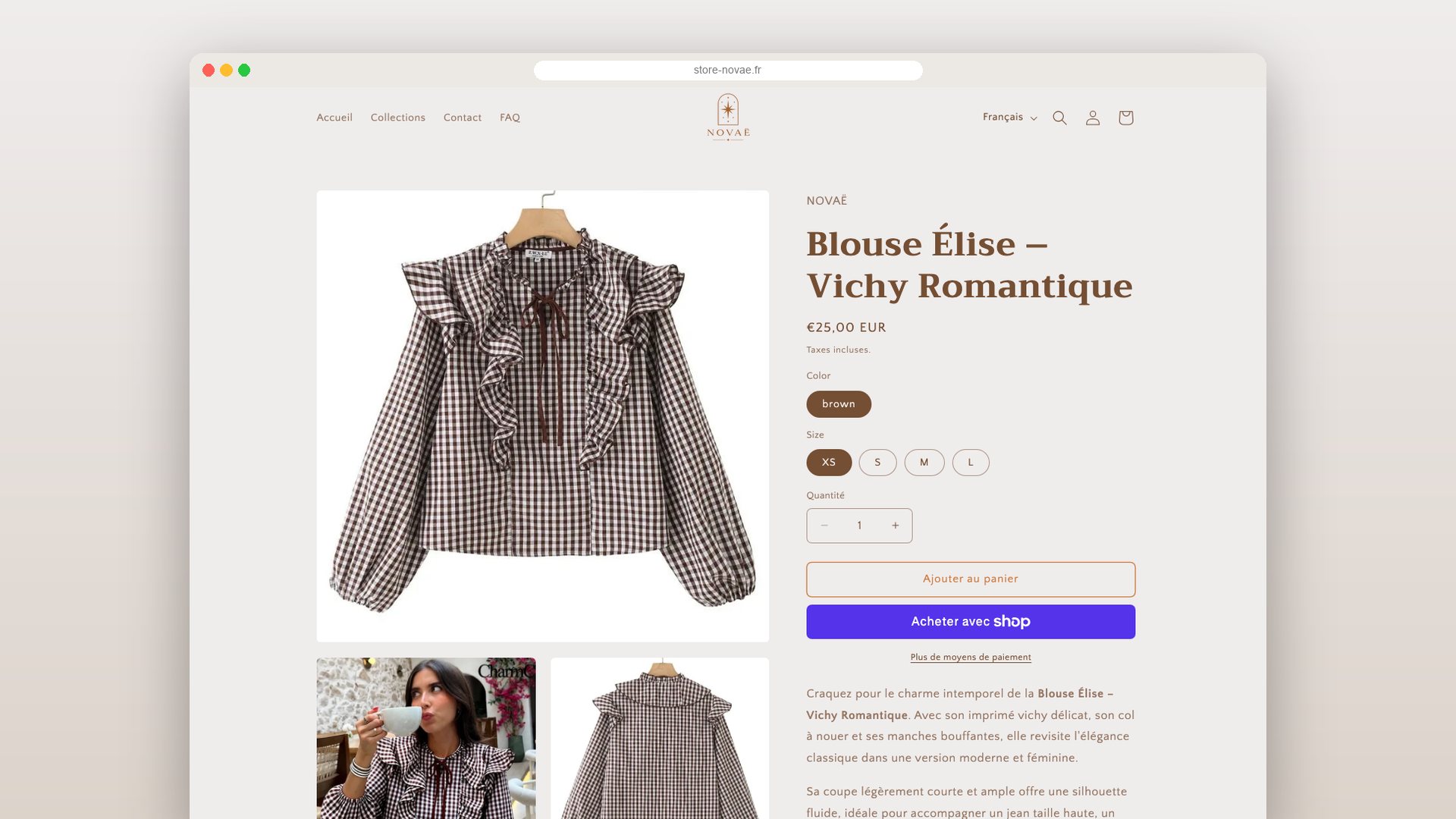 Fiche produit : photos, tailles, paiement express et description détaillée