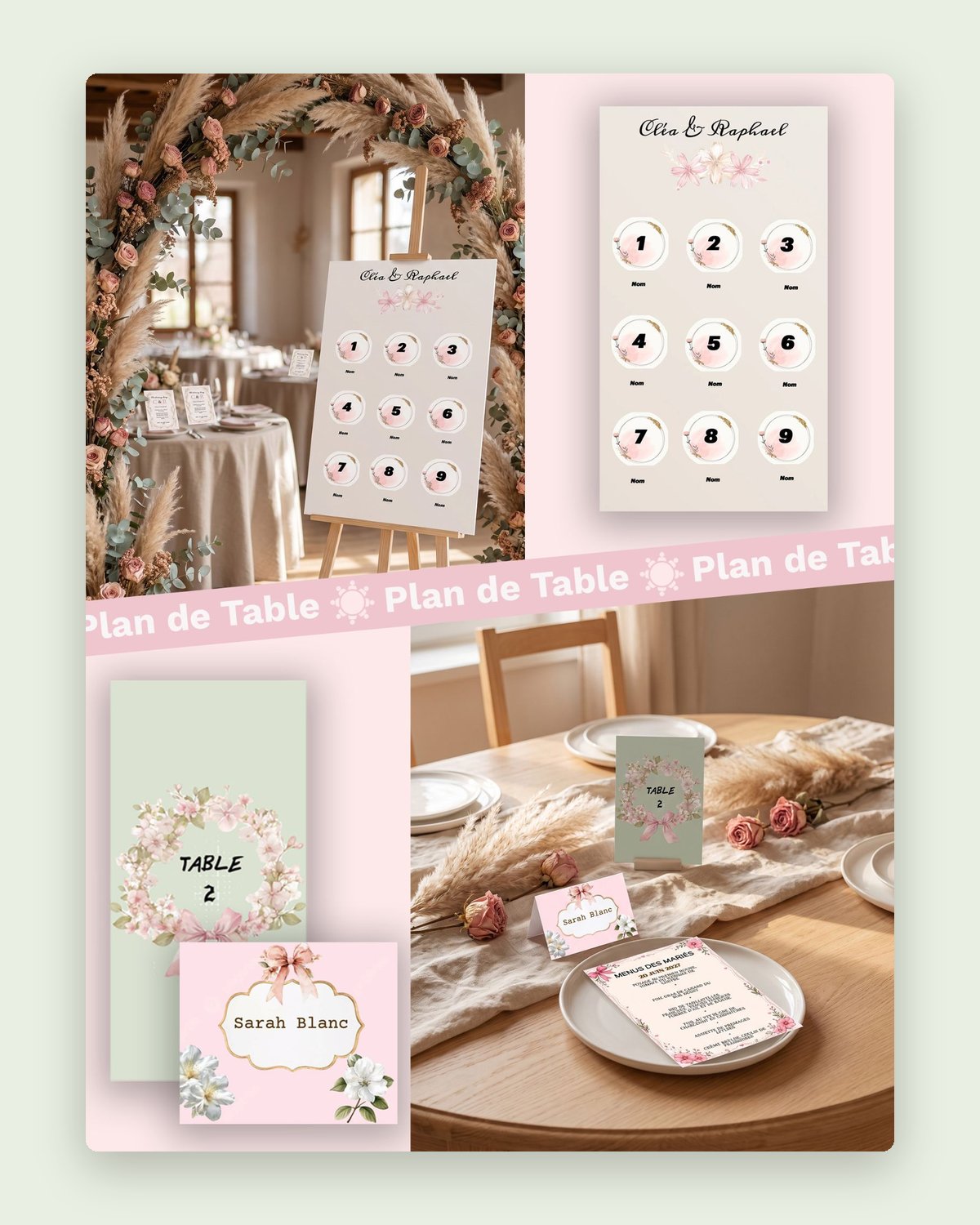 Plan de table, numéros de table et marque-places
